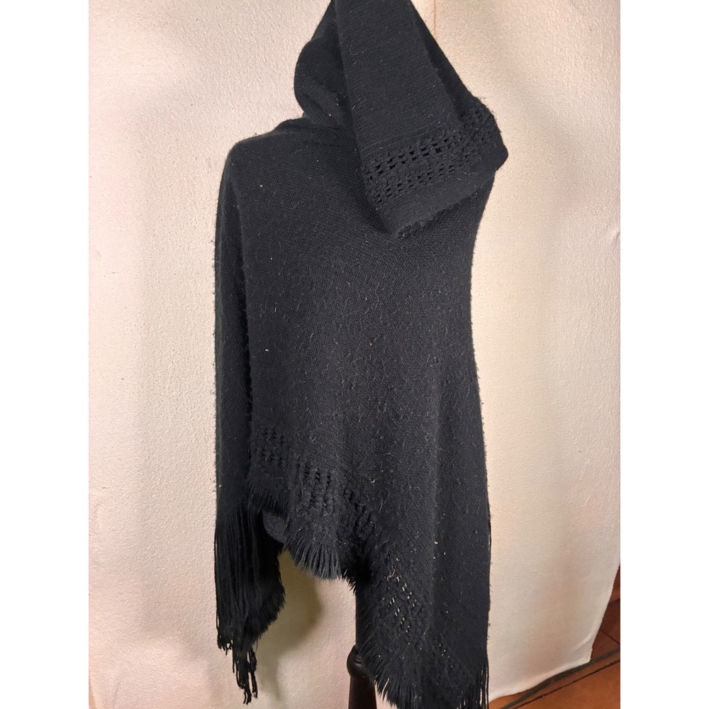 Unbranded Knit Hooded Poncho Women OS Black Good Fringe Pointelle Wrap